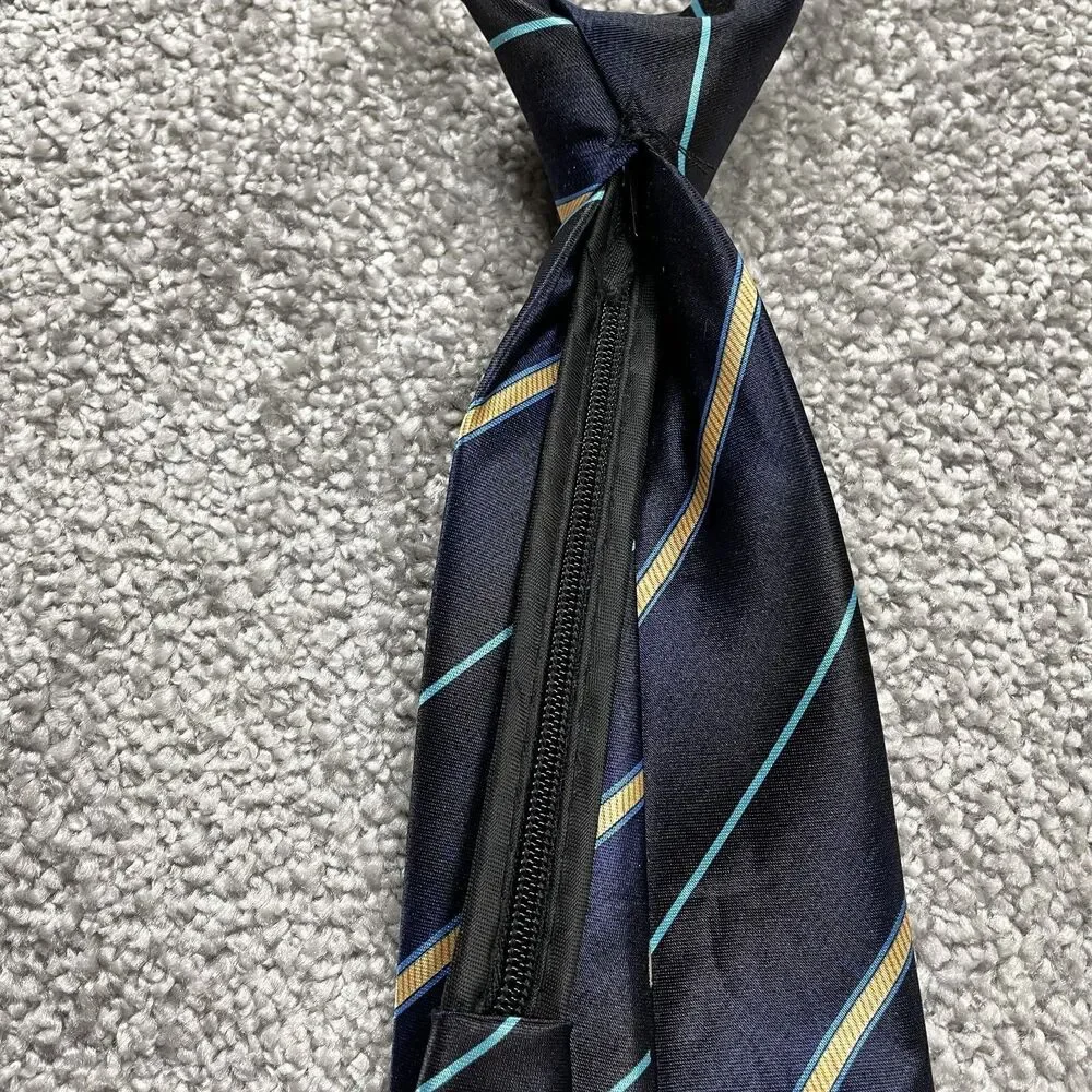 Unbranded Boys Zip Up Neck Tie Blue Shiny Yellow Angled Stripe Youth Formal